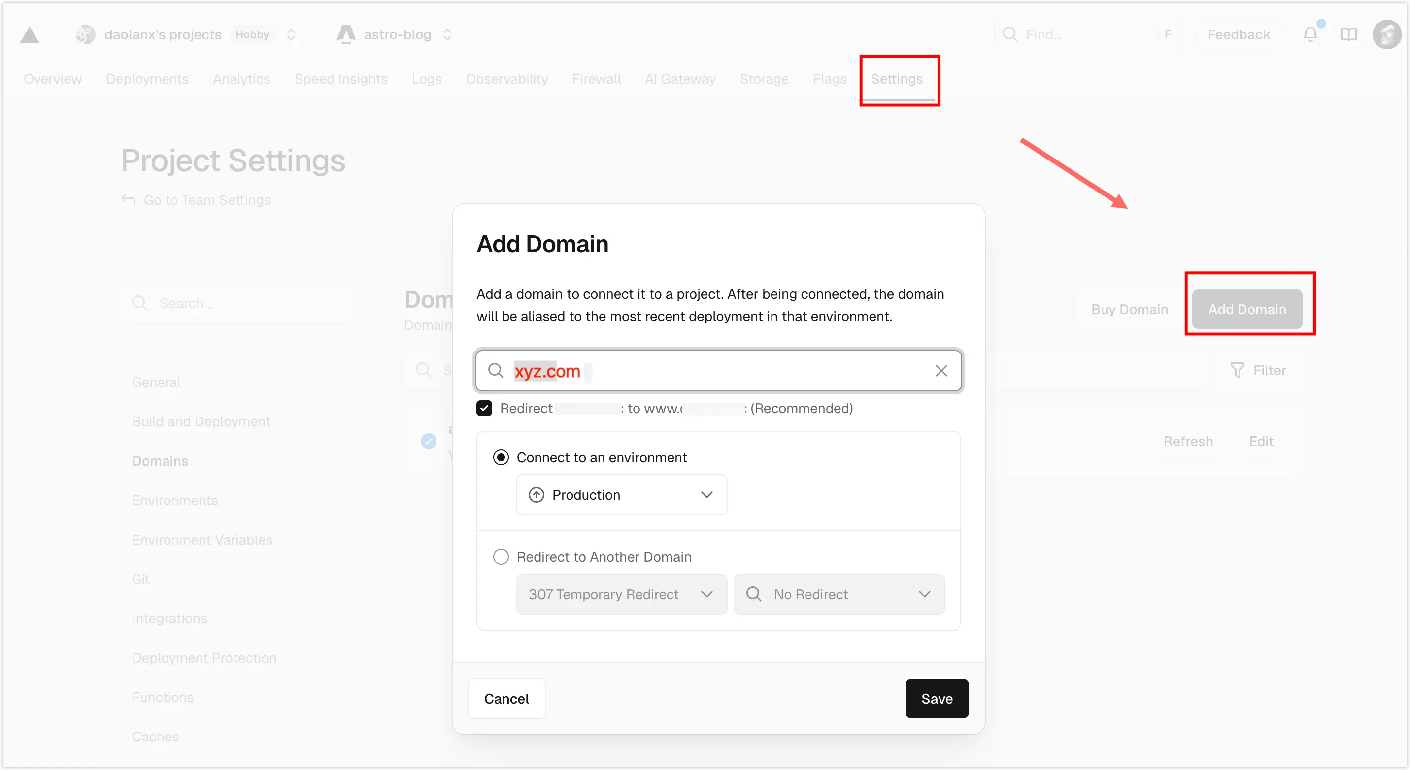 Vercel project linked with custom domain