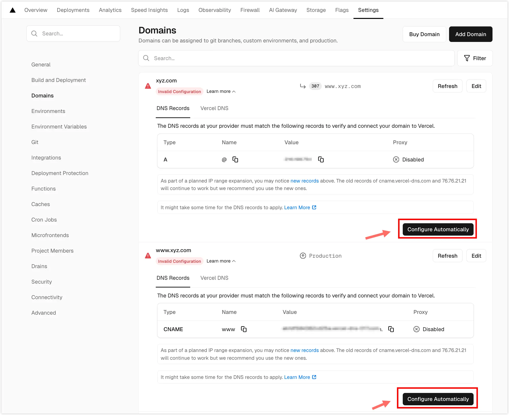 Configure DNS based on Vercel information 1