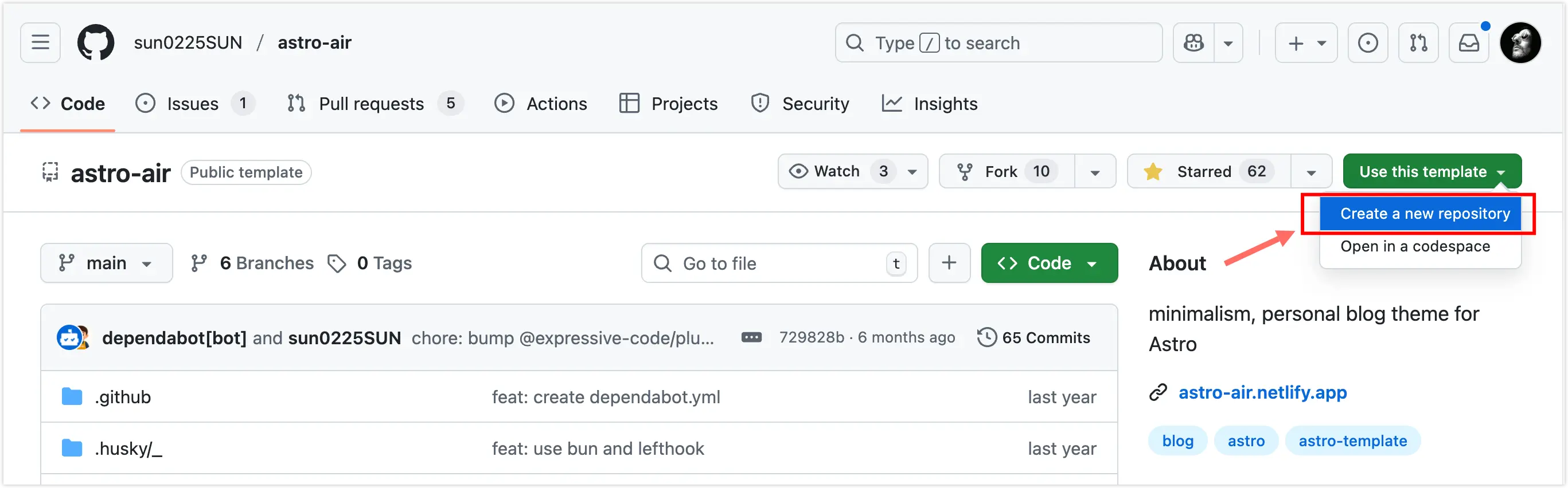 Using Astro template on Github