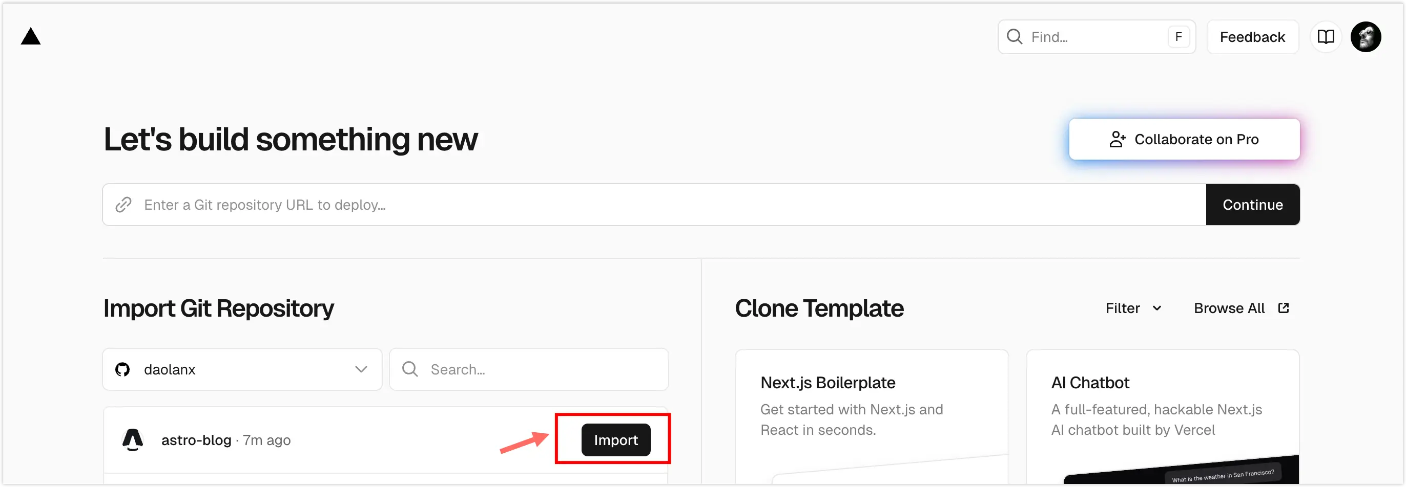 Vercel project linked with Github repository
