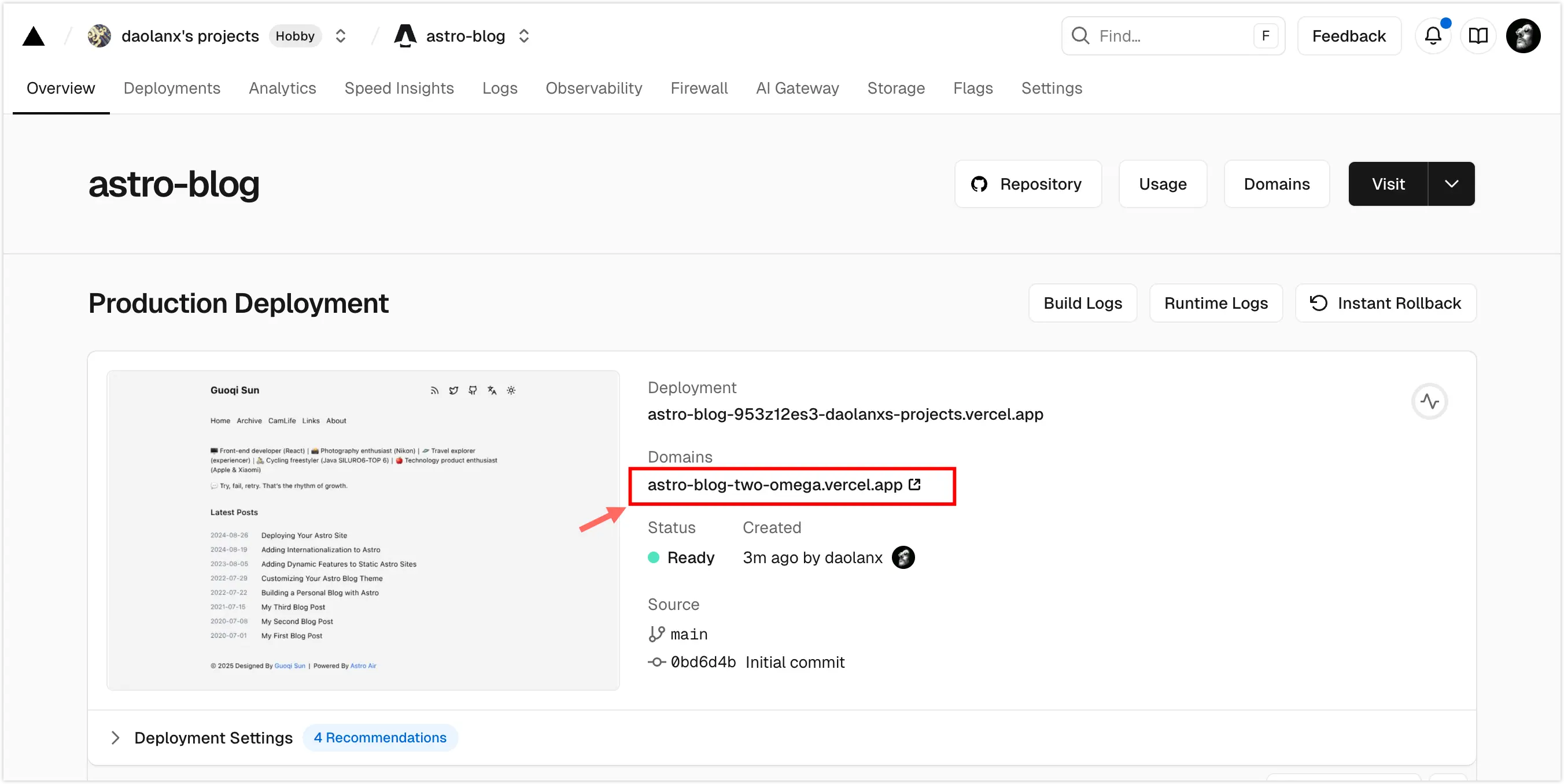 Vercel project dashboard